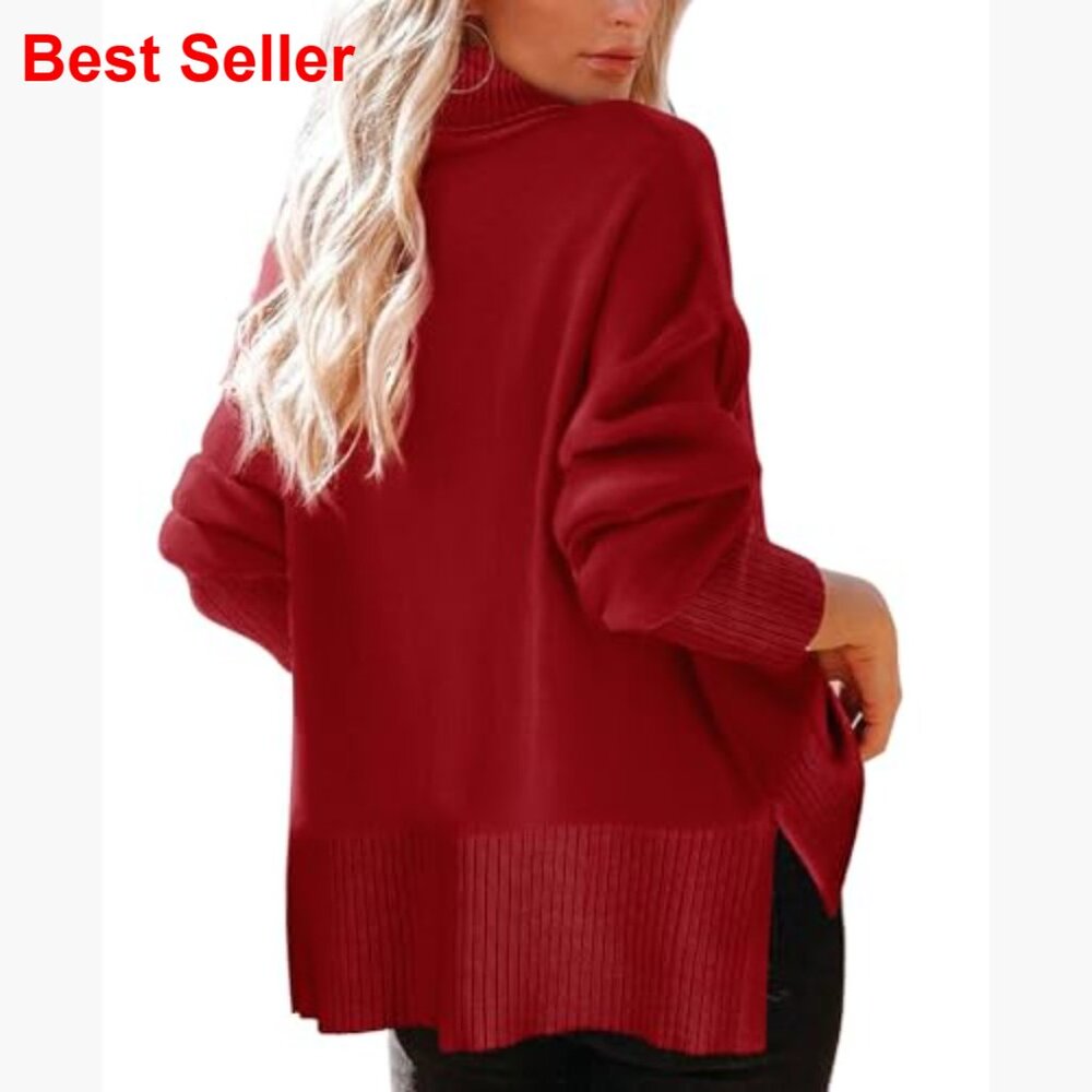 Turtleneck Pullover Sweater With Side Split Hem A… - image 4